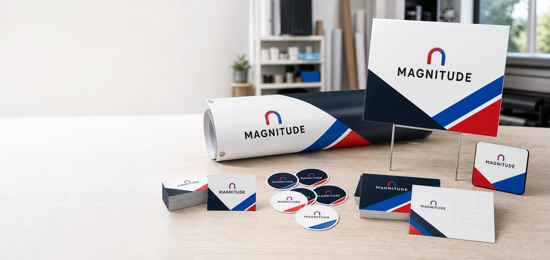 Magnitude business cards, stickers, magnets, postcards, banner, and yard sign samples