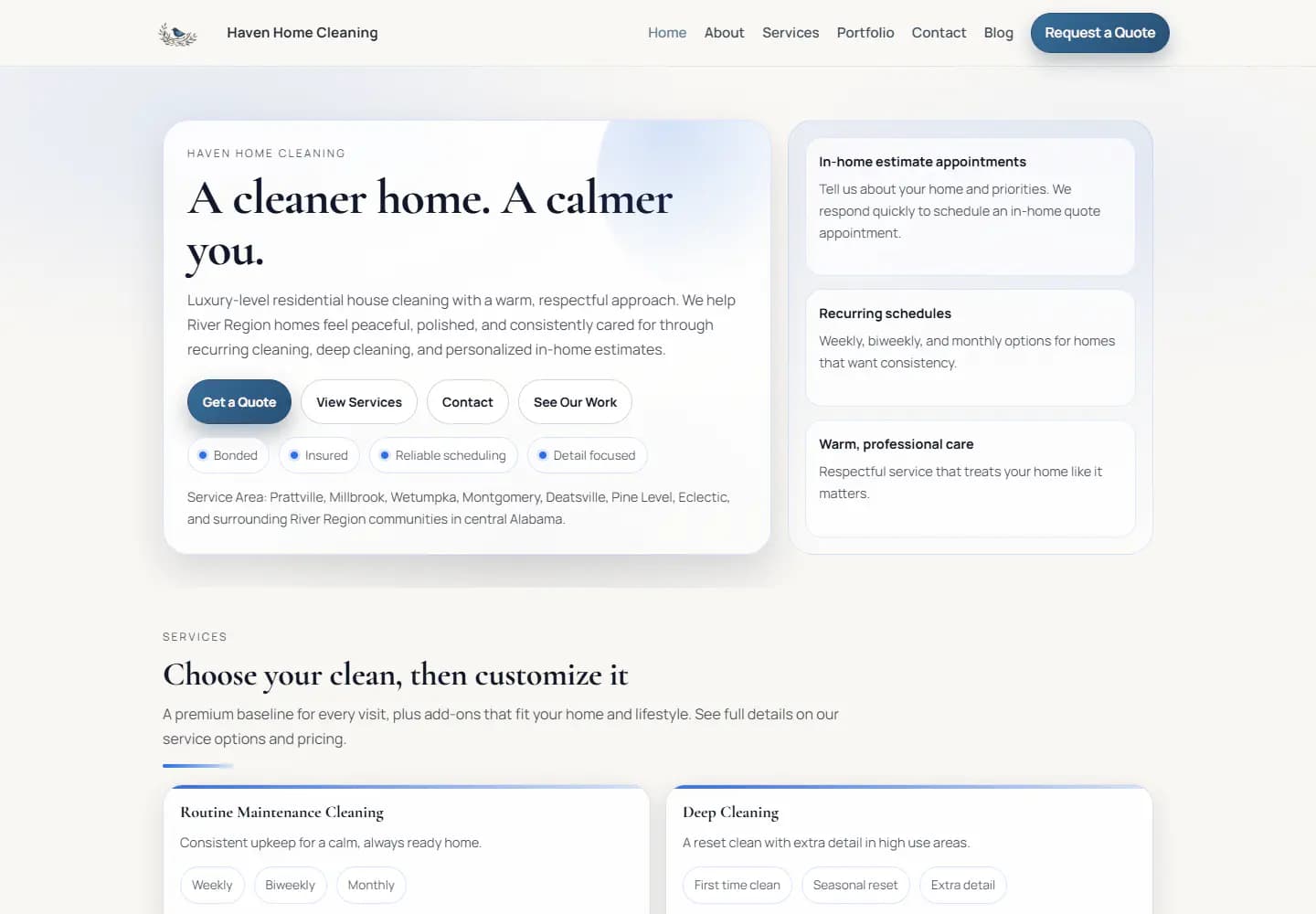 Haven Home Cleaning live homepage showing organized services and a quote-request path